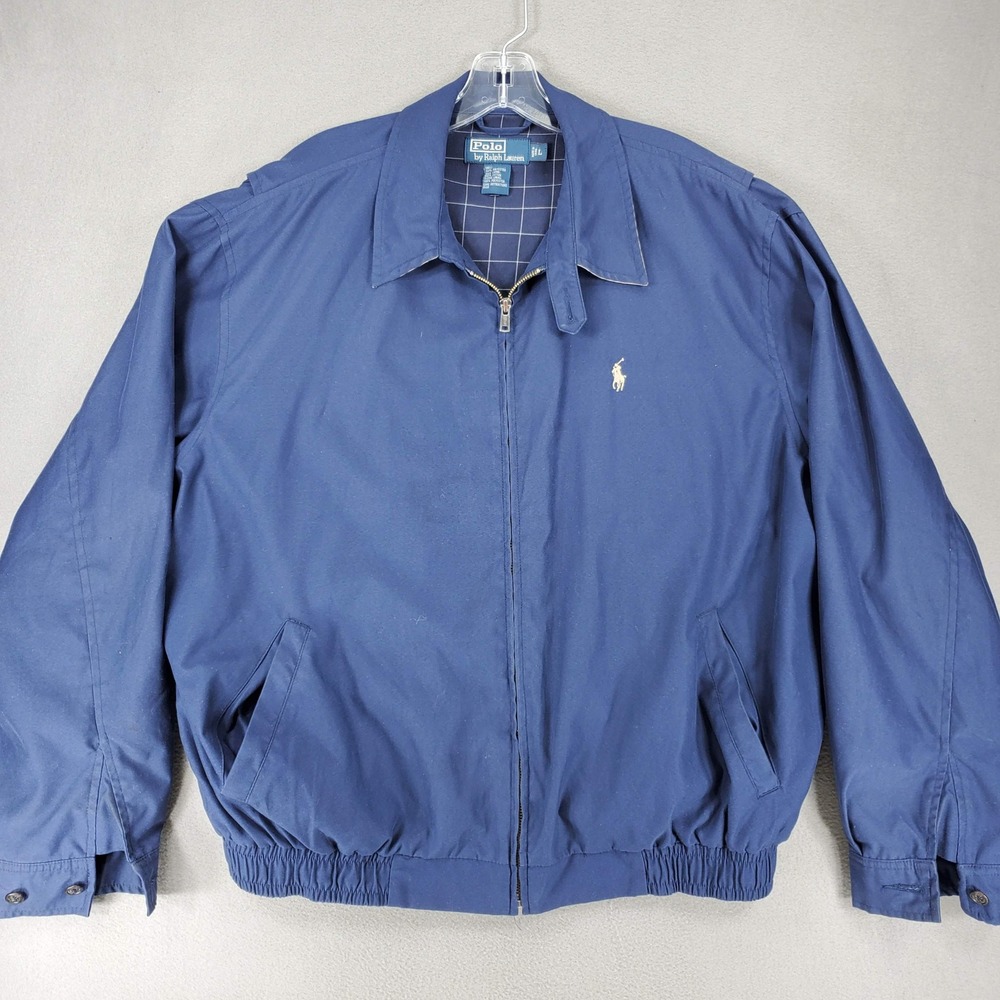 Polo Ralph Lauren Harrington Jacket Men L Blue Windbreaker Plaid Lined Pony Logo